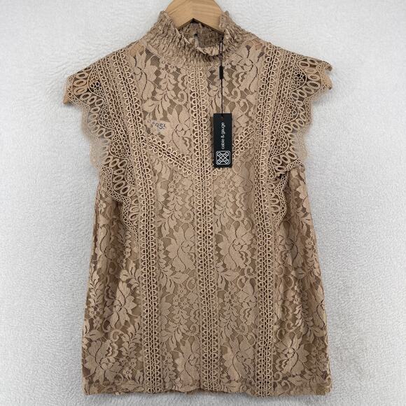Cable & Gauge Tops - CABLE & GAUGE Tank Top XS Floral Lace Overlay Blouse Mock Neck Brown NEW